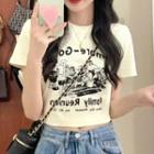 Short-sleeve Round Neck Print Cropped T-shirt Off-white - One Size