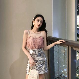 Lace Camisole / Sequined Mini Straight-fit Skirt