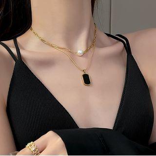 Faux Pearl Choker / Tag Pendant Necklace / Set