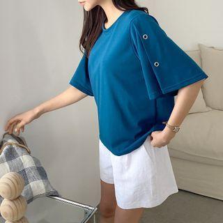 Perforated Pleated-sleeve T-shirt