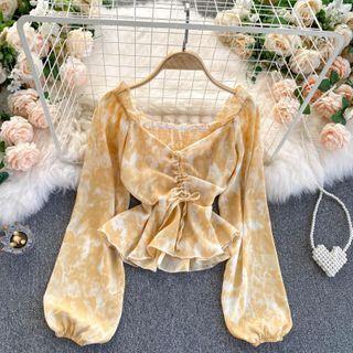 V-neck Drawstring Ruffle Hem Chiffon Top