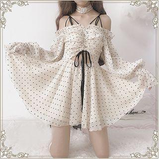 Off-shoulder Heart Print Long-sleeve A-line Dress