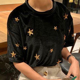 Short-sleeve Sequin Star Velvet T-shirt