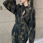 Long-sleeve Ruffled Plaid A-line Dress Green - One Size