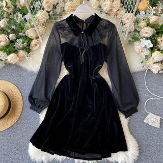 Lapel Mesh Panel Velvet Puff-sleeve Dress