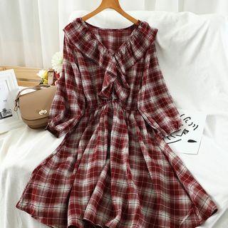 Plaid Ruffle Long-sleeve A-line Dress