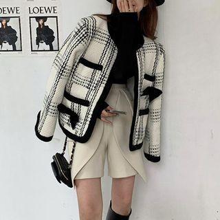 Set: Contrast Trim Open-front Jacket + Wide Leg Shorts
