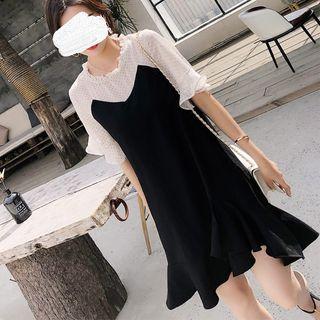 Elbow-sleeve Chiffon Paneled Asymmetric Ruffled A-line Dress
