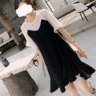 Elbow-sleeve Chiffon Paneled Asymmetric Ruffled A-line Dress