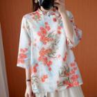 Elbow-sleeve Floral Print Blouse Blue & Red & White - One Size