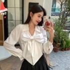 Long-sleeve Collared Bow Blouse / Pleated Mini A-line Skirt