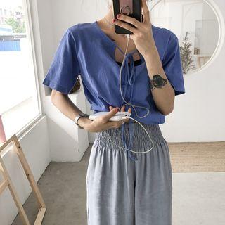 Plain Short-sleeve Tie-neck T-shirt