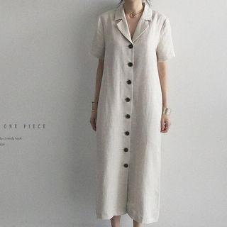 Notched-collar Linen Blend Long Shirtdress