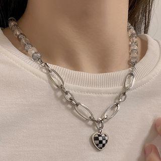 Heart Checker Pendant Resin Bead Stainless Steel Necklace Necklace - Pendant - Love Heart & Checker - Black & White & Silver - One Size