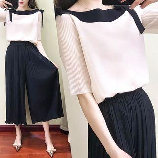 Set: Color Block Short-sleeve Blouse + Pleated Wide Leg Pants