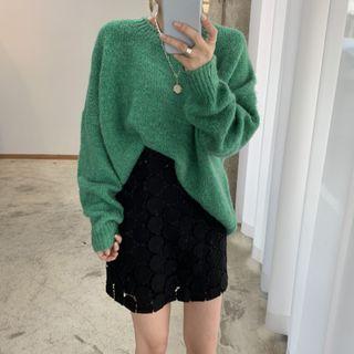 Long-sleeve Plain Knit Top / High-waist Perforated Skirt