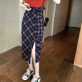 High-waist Plaid Drawstring Split A-line Skirt
