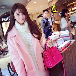 Plain Turtleneck Sweater / Notch Lapel Long Woolen Coat