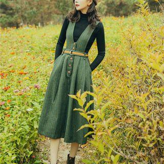 Set: Mock Turtleneck Knit Top + V-neck Striped Midi A-line Pinafore Dress