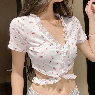 Short-sleeve Ruffle Trim Cutout Floral Crop Top