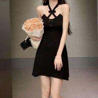 Spaghetti-strap Halter Neck Mini A-line Dress Black - One Size