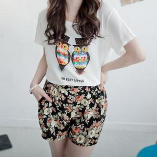 Elastic-waist Floral Shorts One Size