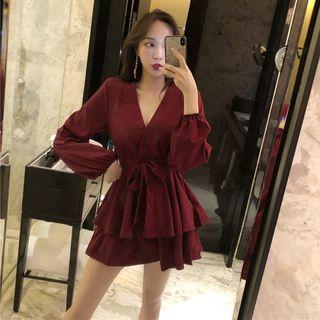 Puff-sleeve V-neck Mini A-line Dress