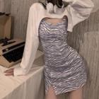 Sleeveless Print Mini Sheath Dress / Long Sleeve Plain Cropped Sweatshirt
