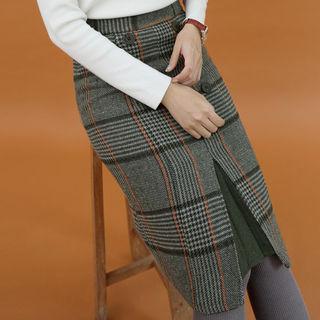 Glen-plaid Wool Blend Pencil Skirt