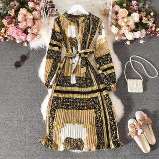 Leopard Long-sleeve Midi A-line Dress Khaki - One Size