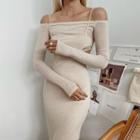 Set: Long-sleeve Off-shoulder Cropped T-shirt + Spaghetti Strap Cut-out Midi Sheath Dress