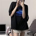 Short Sleeve Wave Printed T-shirt Black - One Size