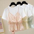 Short-sleeve Mock Two-piece Floral Panel T-shirt
