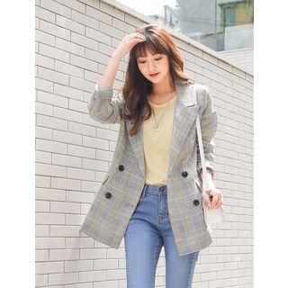 Plus Size Double-breasted Check Linen Blazer