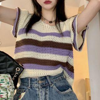 Short-sleeve Striped Knit Top Purple & White - One Size