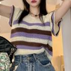 Short-sleeve Striped Knit Top Purple & White - One Size
