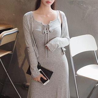 Set: Round-neck Cardigan + Spaghetti-strap Lace-up Long Dress