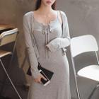 Set: Round-neck Cardigan + Spaghetti-strap Lace-up Long Dress