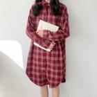 Stand-collar Long-sleeved Loose-fit Gingham Long Blouse