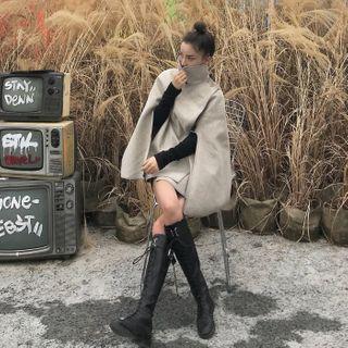 Plain Knit Long-sleeve Top / Mock-neck Plain Cape