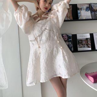 Puff-sleeve Faux Pearl Lace Mini A-line Dress