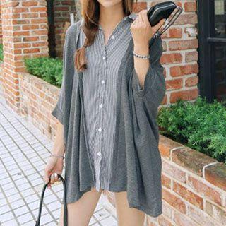 3/4-sleeve Stripe-panel Long Top
