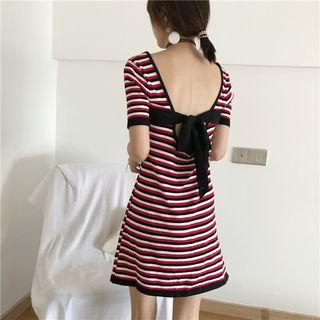 Bow Accent Striped Short Sleeve Knit Dress