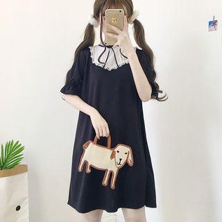 Short-sleeve Lace Trim Dress Black - One Size