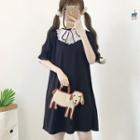 Short-sleeve Lace Trim Dress Black - One Size