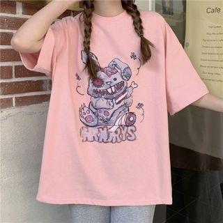 Rabbit Print Oversized Tee