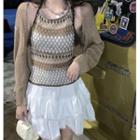 Long-sleeve Knit Cardigan + Plaid Camisole / Plain Layer Mini Skirt