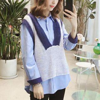 Set: Contrast-trim Shirt + Two-tone Knit Vest