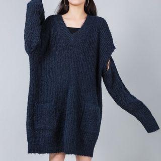 V-neck Long-sleeve Knit Dress Navy Blue - One Size