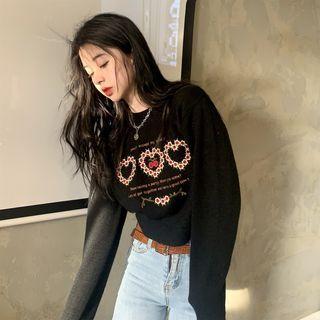Round-neck Embroider Letter Oversize Sweater Black - One Size